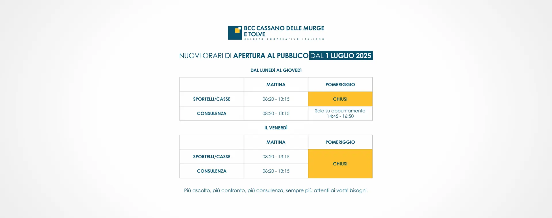 Nuovi orari dal 1° luglio