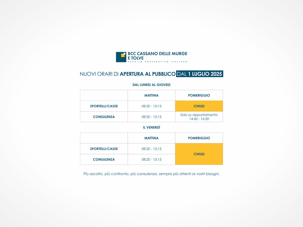 Nuovi orari dal 1° luglio